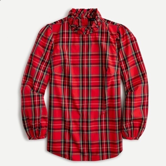 J. CREW Red Tartan Plaid Ruffle Top Blouse Holidays Festive Preppy X-Small - Picture 1 of 11